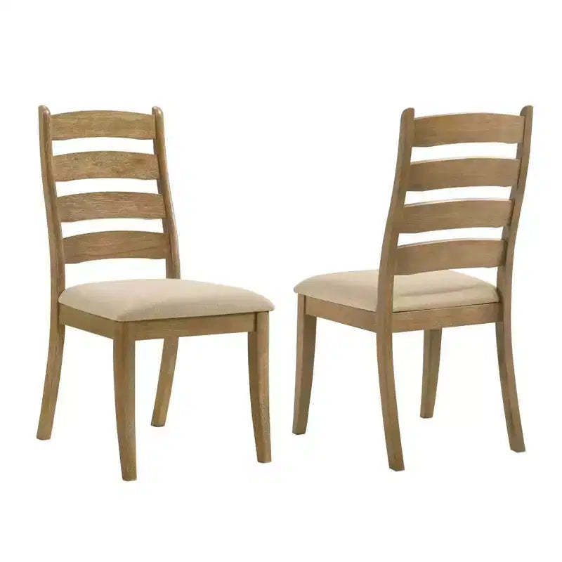 Simple Relax Set of 2 Upholstered Dining Chairs with Ladder Back in Brown Oak and Beige