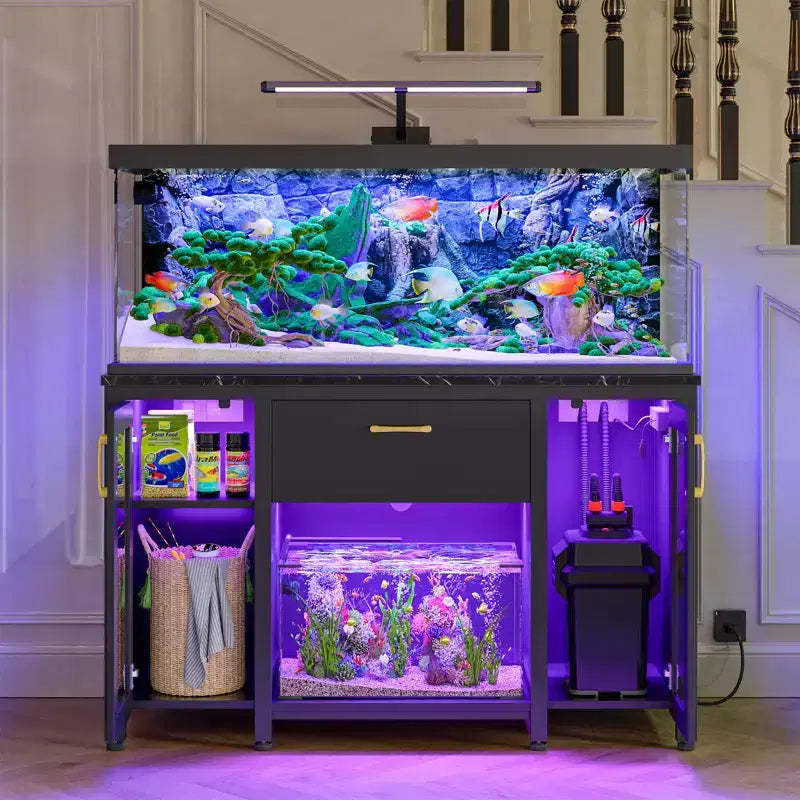 Bestier 75 Gallon Fish Tank Stand Metal Aquarium Stand with Storage Cabinet & Power Outlets LED Light, 750lbs Capacity, Black