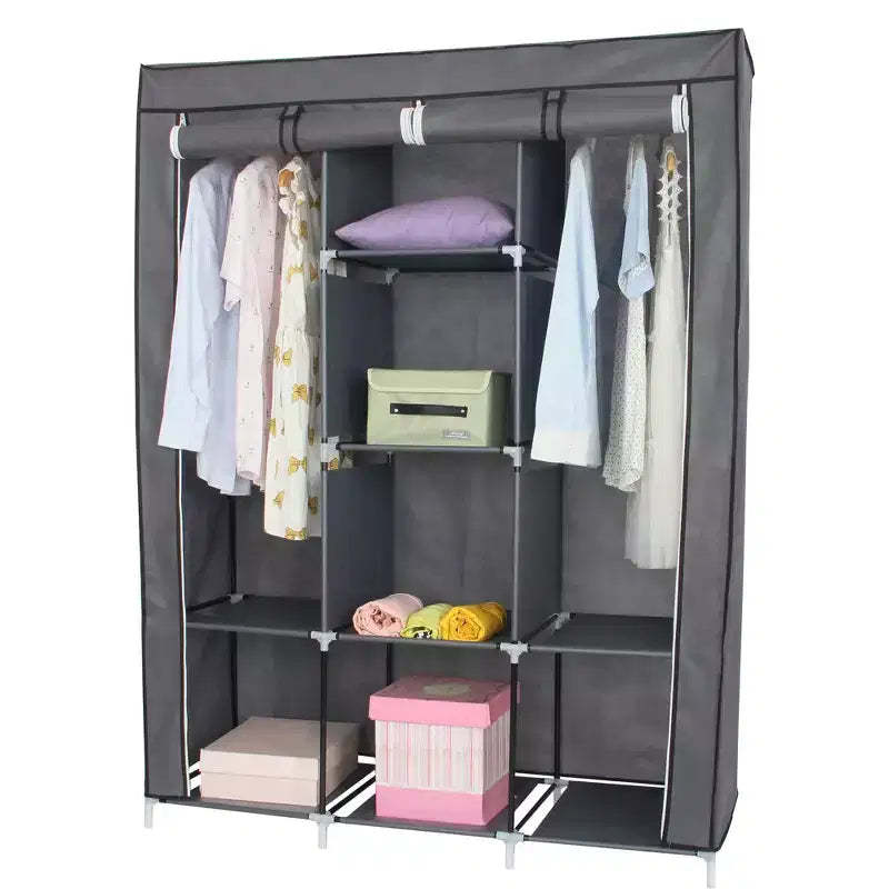 Neat Living Portable Wardrobe Closet Organizer with Cover, Shelves, and Rods for Clothes, Gray  Vertical Hanging Clothing Rack for Coats and Shoes