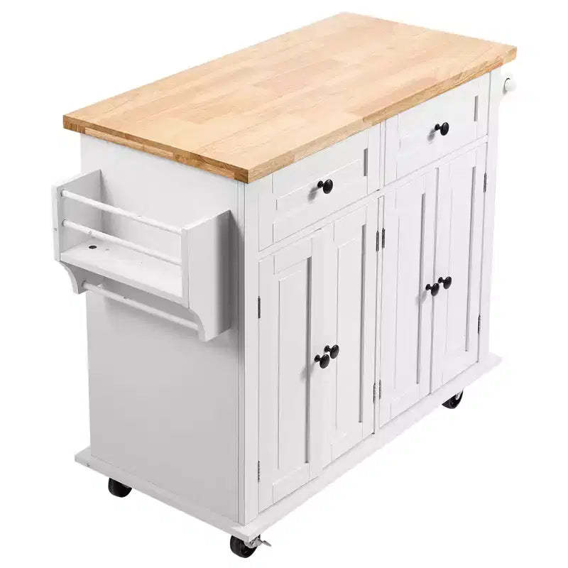 VEVOR Kitchen Island Cart with Solid Wood Top, 35.4 Width Mobile Carts with Storage Cabinet, Rolling Kitchen Table with Spice Rack, White