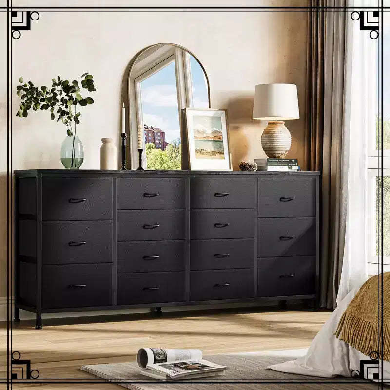 63 Wide Dresser with 14 Fabric Drawers, Built-In USB Ports, Multi-Functional Storage Unit for TV, Bedroom, Living Room, or Office