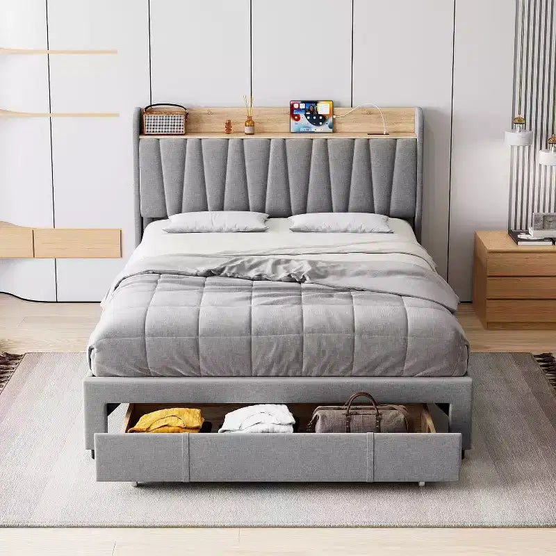 King Size Bed Frame with Storage Headboard, Charging Station, Upholstered Platform with Drawers, Sturdy Wooden Slats, No Box Spring, Light Grey