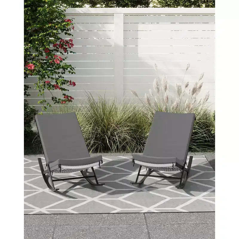 Outdoor Rocking Chairs Set of 2, Indoor Lounge Rocker Chair with Padded Cushion & Metal Frame & Rattan Seat, for Garden, Backyard, Lawn, Patio