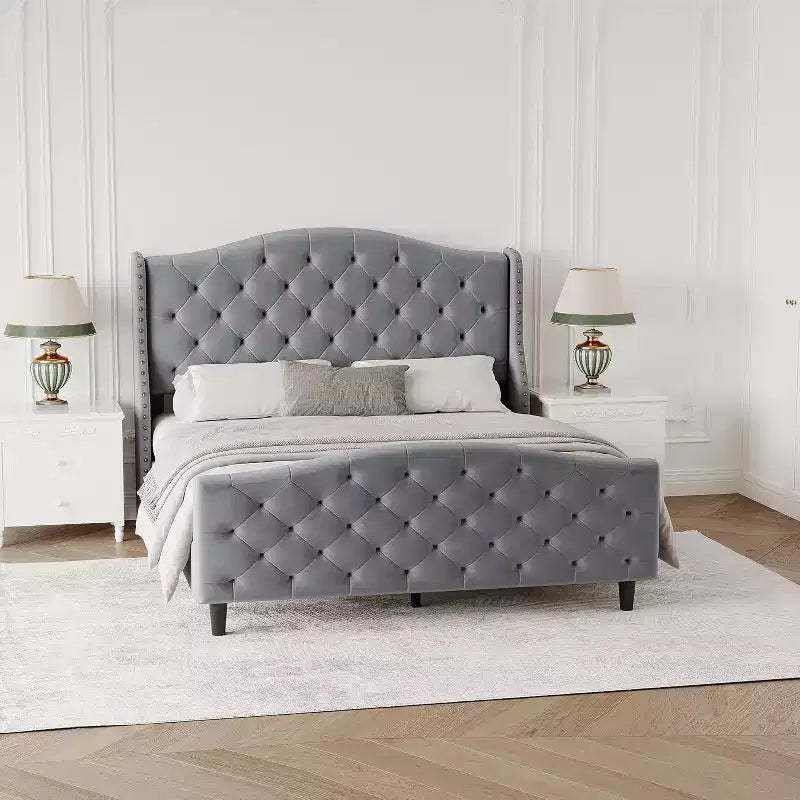 Bed Frame, Upholstered Bed Frame with Headboard and Footboard, Modern Linen Design, Button Tufted with Rivets, No Box Spring Required