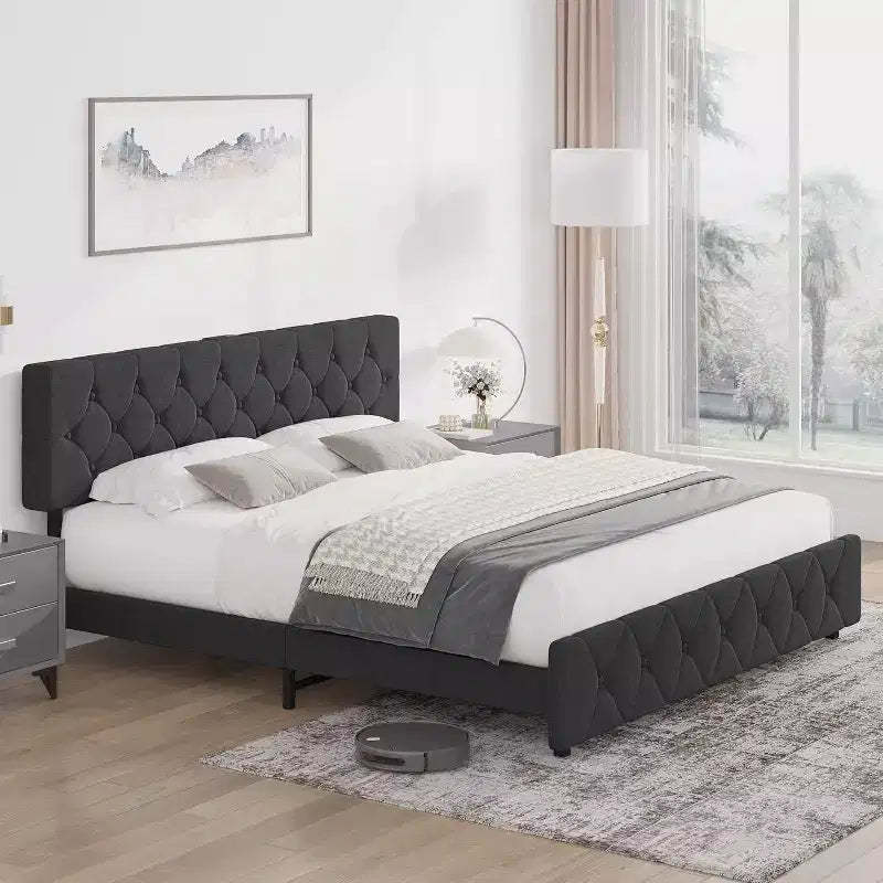 Full Size Bed Frame, Upholstered Platform with Adjustable Headboard, Linen Fabric Wrap, USB Ports, No Box Spring Needed, Easy Assembly, Light Gray