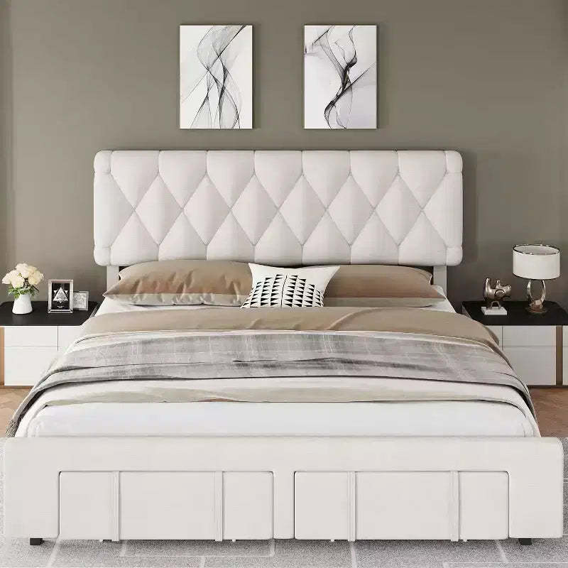 Velvet Upholstered Bed Frame with Storage Drawers, Platform Design with Solid Wooden Slats Support, No Box Spring Required.