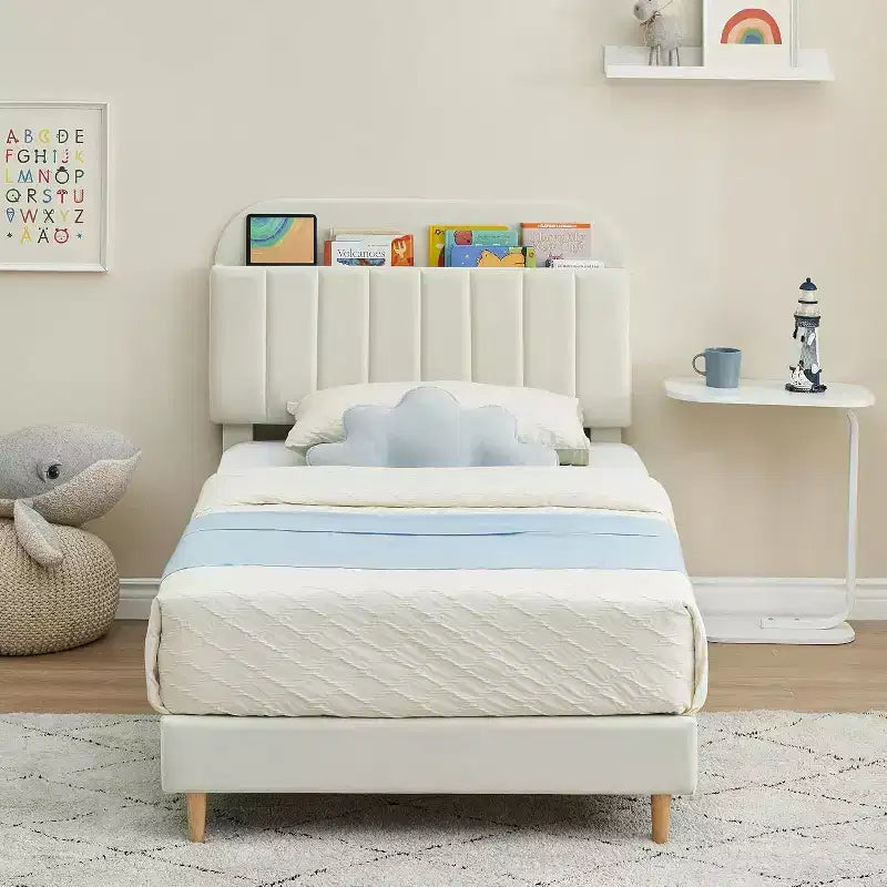 Bed Frame with Storage Headboard, Velvet Upholstered Platform Bed for Kids, Sturdy Wooden Slats, Noise-Free, Easy Assembly, No Box Spring Needed.