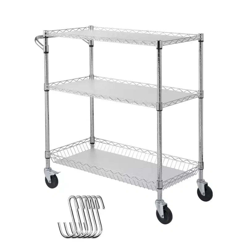 VEVOR Kitchen Utility Cart, 3 Tiers, Wire Rolling Cart with 661LBS Capacity, Metal Storage Trolley with 80mm Basket Curved Handle PP Liner 6 Hooks