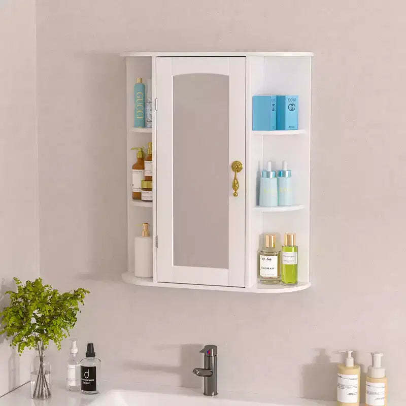 VECELO Bathroom Storage Cabinet with Mirror, Wall Mounted Medicine Cabinet with Door & 6 Open Shelves, Inner Adjustable Shelf, White