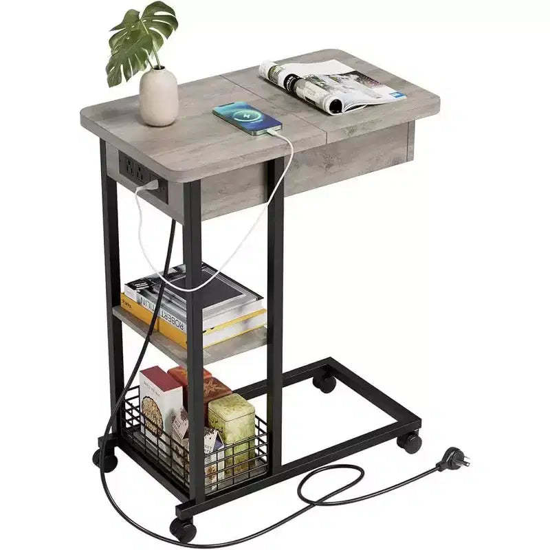 C-Shaped Foldable Side Table with Built-In Charging Station, USB Ports, and Outlets for Living Room and Bedroom - Compact, Narrow Design
