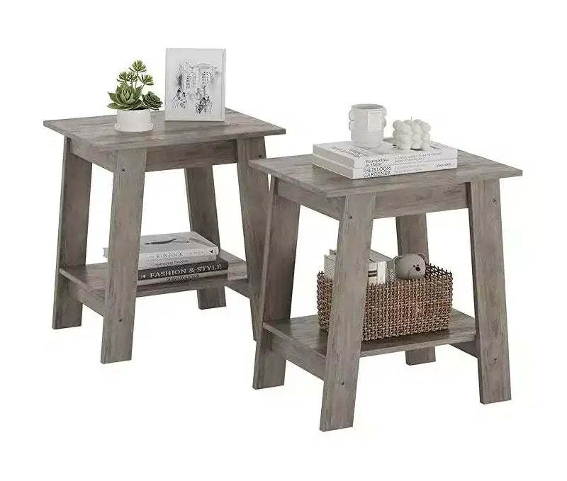 Set of 2 Narrow Wooden Side Tables with 2-Tier Storage Shelves, Ideal for Living Room or Bedroom, Compact Bedside Tables for Convenient Organization
