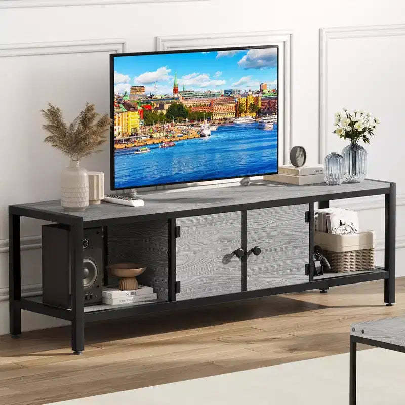 Whizmax 65 Rustic TV Stand for TVs up to 75, Entertainment Center with Storage, 2 Doors & Adjustable Legs, Open Shelves for Living Room