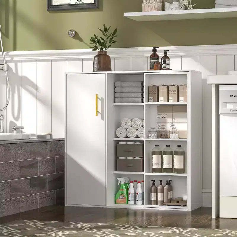 VECELO 4-Tier Floor Storage Cabinet, Kitchen Pantry Storage with Door & Adjustable Shelves, Freestanding Organizer for Bathroom, White