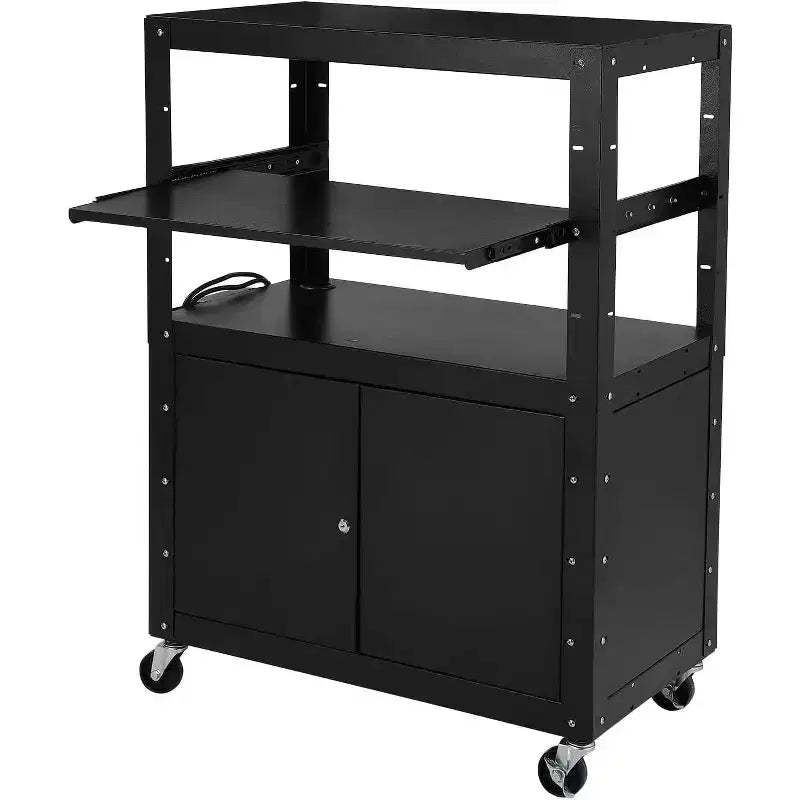 Height Adjustable AV Cart with Lockable Storage, 4 Swivel Casters/2 Locking Brakes/16.4ft Power Cord/Durable Cold Rolled Steel, Classroom&Garage