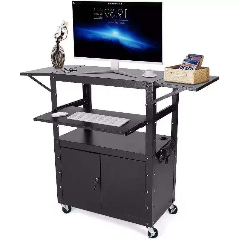 Rolling Av Cart, Height Adjustable Mobile Workstation, Lockable Cabinet, Laptop Stand and Folding Blade, Home Or Office, Black