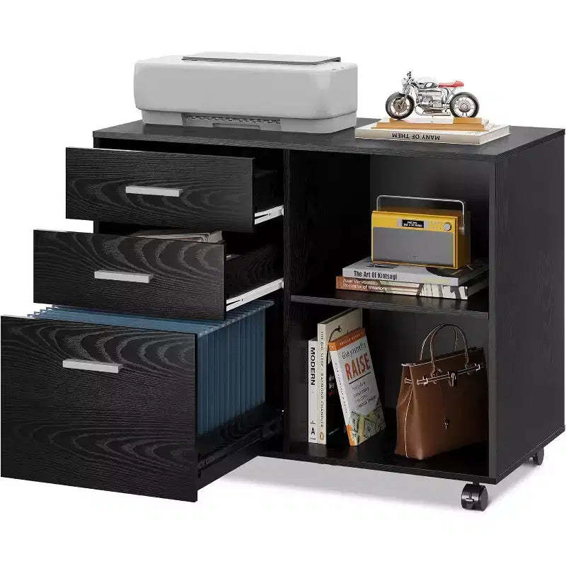 GALAXHERO 3-Drawer Wood Lateral Filing Cabinet, Mobile Printer Stand with Open Shelves for Home Office