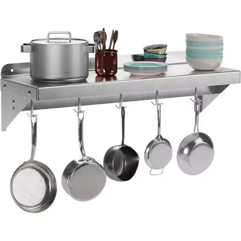 Stainless Steel Shelf, Multi-Purpose Metal Wall Mounted Shelf with 2 Stainless Steel Backplates and 7 Hooks, Kitchen, Warehouse