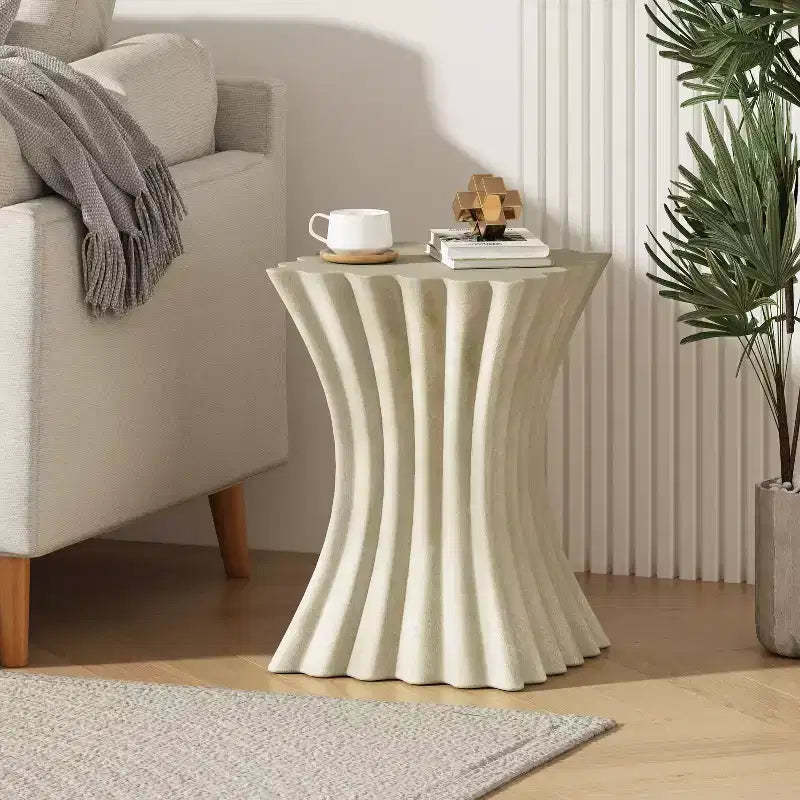 Artisanal Wavy Archaistic Side Table with Textured Beige Finish