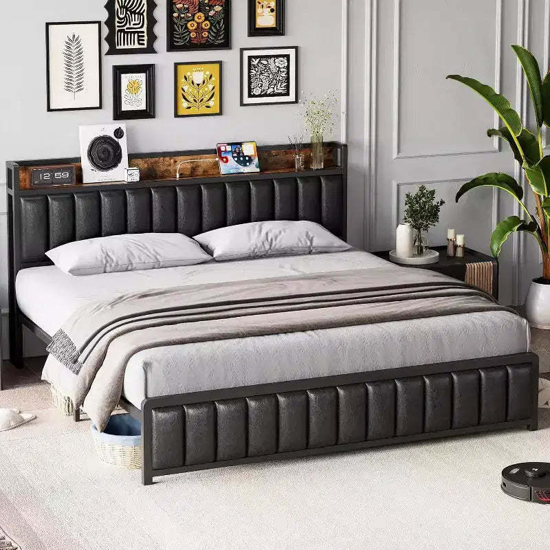 Acekool Upholstered Platform Bed Frame with Storage Headboard, USB Ports & Strong Metal Slats