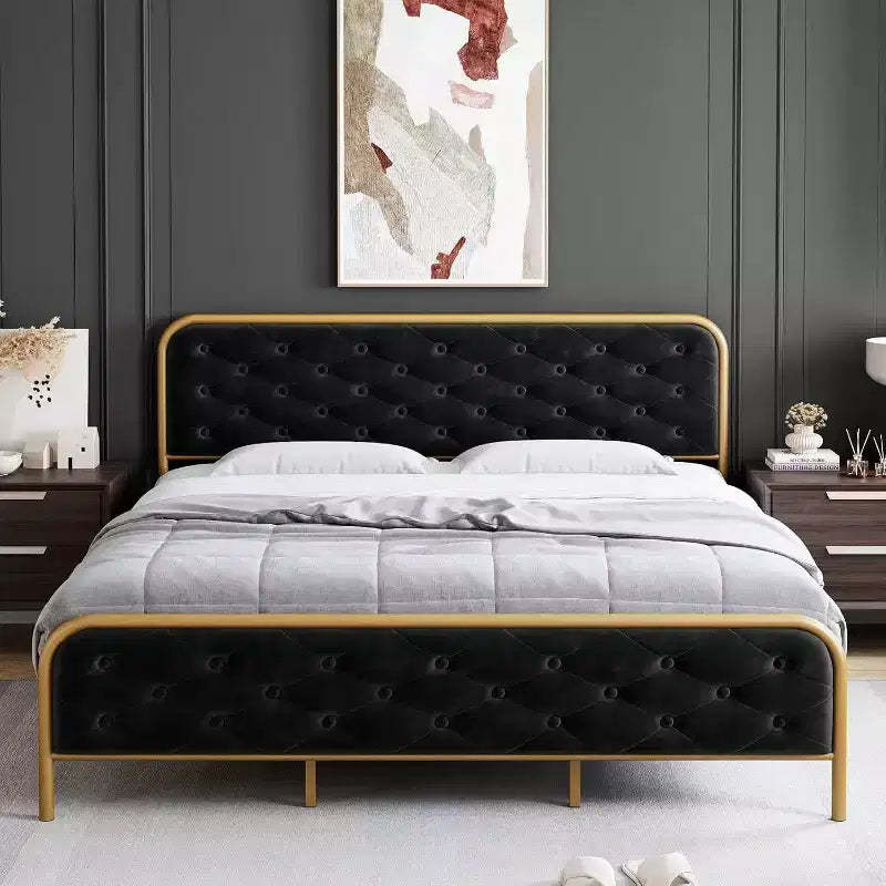 Acekool King Size Velvet Upholstered Platform Bed Frame with Button Tufted Curved Headboard & Gold Metal Frame