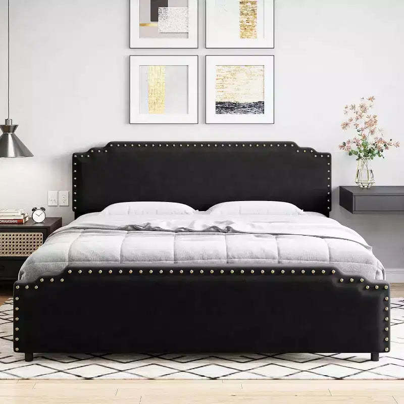 Bed Frame, Velvet Upholstered Platform Bed Frame with Riveted Decorative Headboard, No Box Spring Noiseless, Easy to Assemble