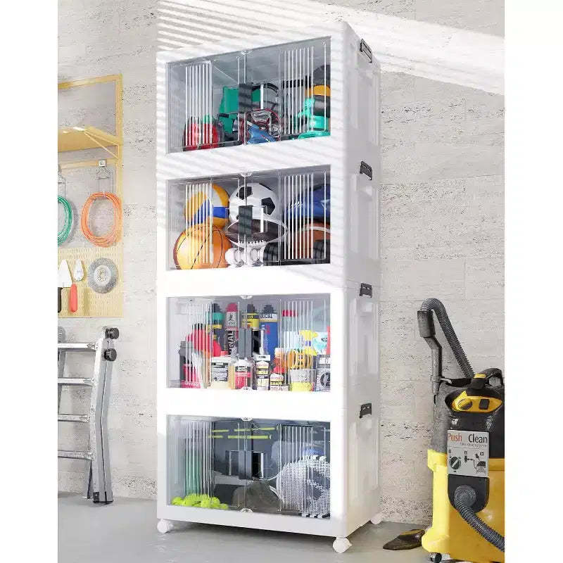 97QT Stackable Storage Bins with Lids, Folding Plastic Storage Boxes with Doors & Wheels, Collapsible Containers for Closets, 4-Pack (Warm Gray)