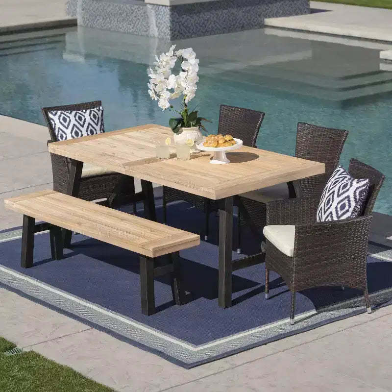 GDFStudio Bruna Outdoor Wicker and Acacia Wood 6 Piece Dining Set with Bench, Brushed Gray/Multibrown