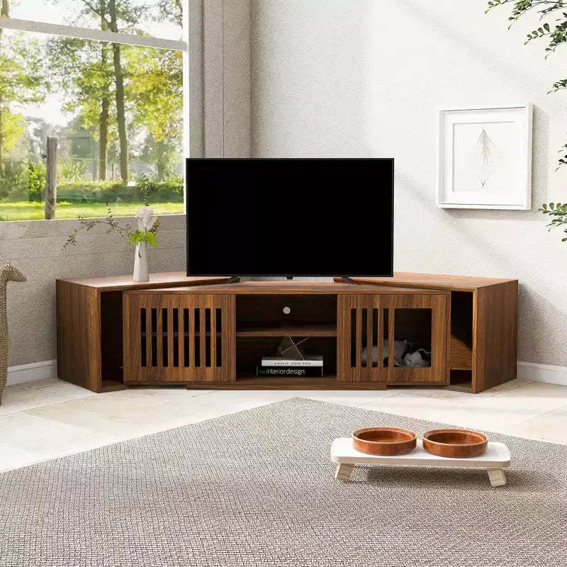 Cat TV Stand Extendable TV Stand Litter Box TV Console, Cat friendly Furniture, Mid-Century Morden, Walnut-ModernLuxe