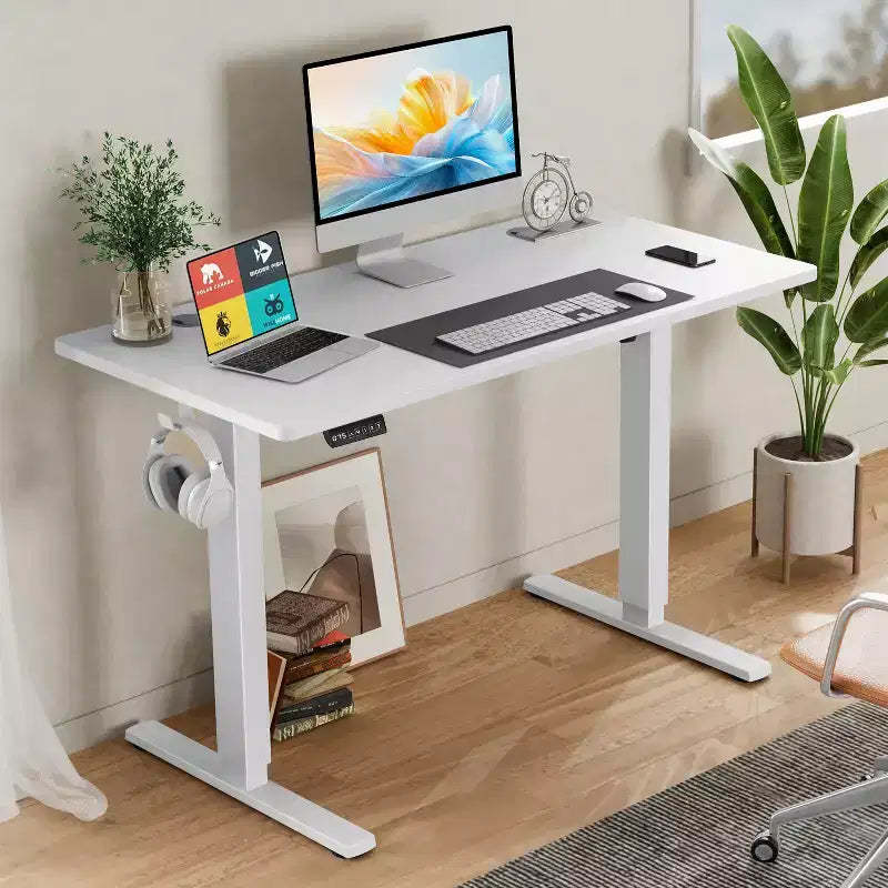 Bestier Electric Height - Adjustable Standing Desk: Spacious Splice Board Desktop, 2 Hooks & Cable Management Hole for Home Office - White