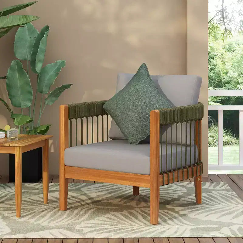 Acacia Wood Outdoor Club Chair with Handwoven Rope Accents and Curved Backrest, Removable Cushions, for Patio