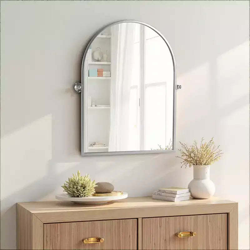 Silver Hardware Hanging Mirror with Iron Right-Angled Arched Design, 91x61x4cm