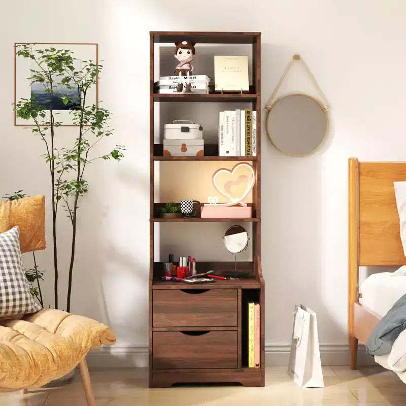 JVNOXK 18-inch bedside table with bookshelf, featuring two storage drawers. Vertical space storage cabinet with wooden structure, walnut finish