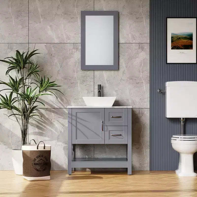 30 Gray Bathroom Vanity and Sink Combo Marble Pattern Top /Mirror Faucet&Drain