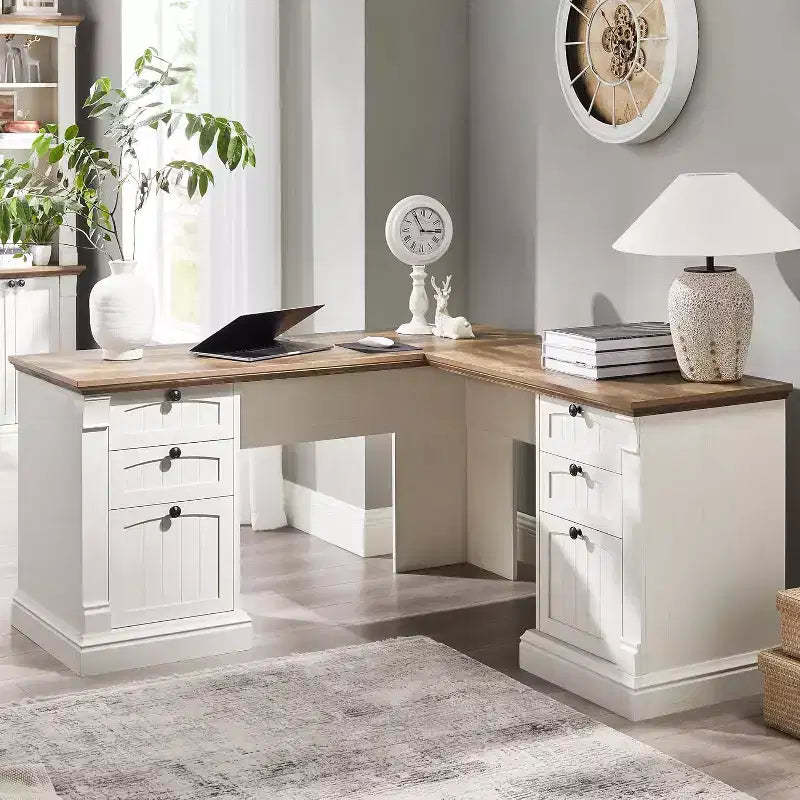 SinCiDo 60 L-Shaped Desk,Farmhouse Computer Desk with Charging Station,Filing Cabinet Storage, Drawer,Study Writing Desk