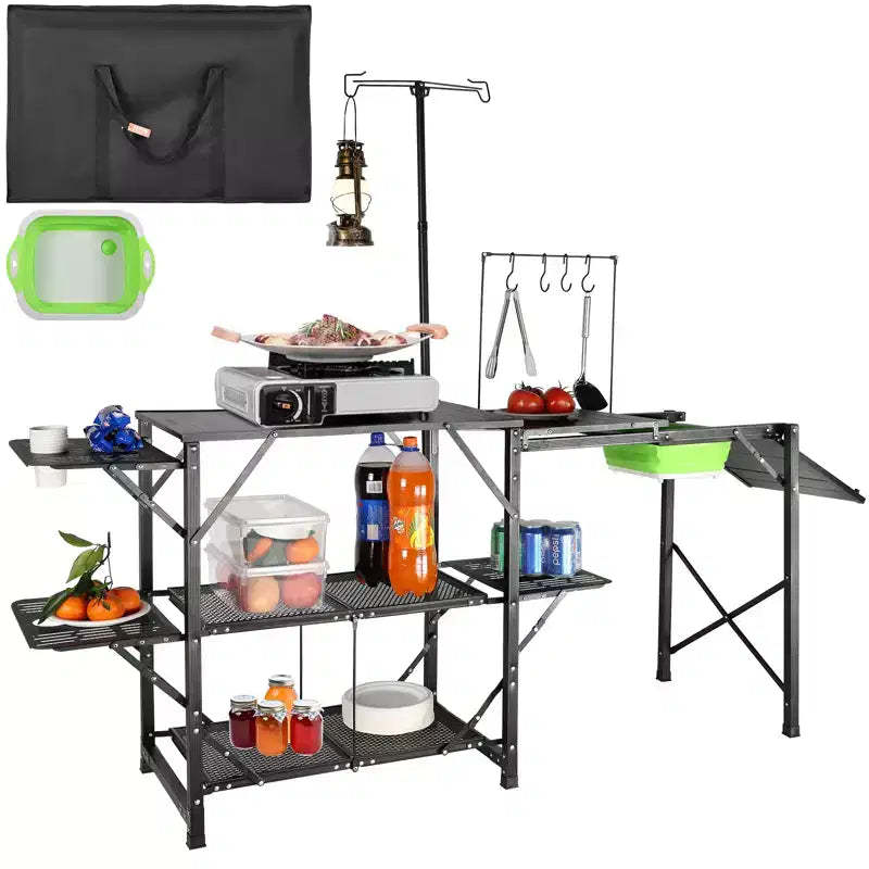 VEVOR Camping Kitchen Table, One-piece Folding Portable Cook Station with A Carrying Bag, Long Aluminum Camping Table 3 Side Tables, 2 Shelves