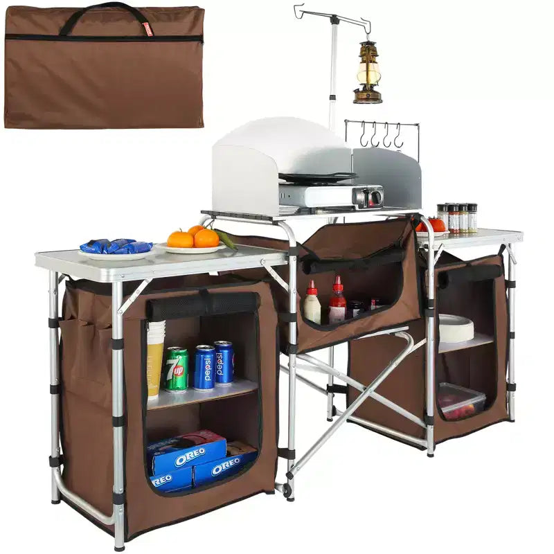 VEVOR Camping Kitchen Table, Folding Outdoor Cooking Table with Storage Carrying Bag, Aluminum Cook Station 3 Cupboard & Detachable Windscreen