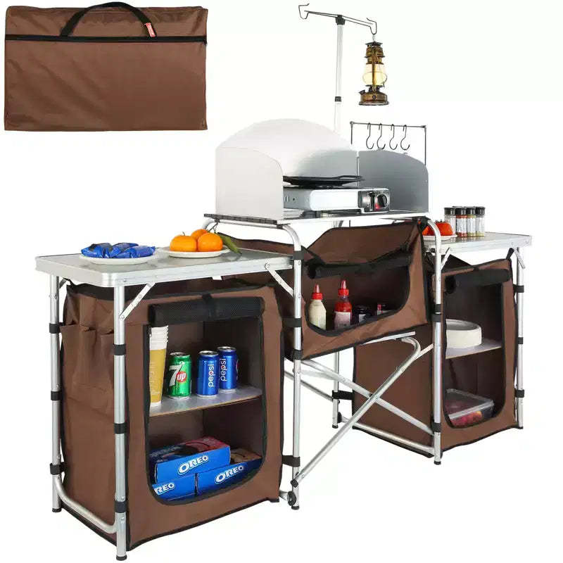 VEVOR Camping Kitchen Table, Folding Outdoor Cooking Table with Storage Carrying Bag, Aluminum Cook Station 3 Cupboard & Detachable Windscreen