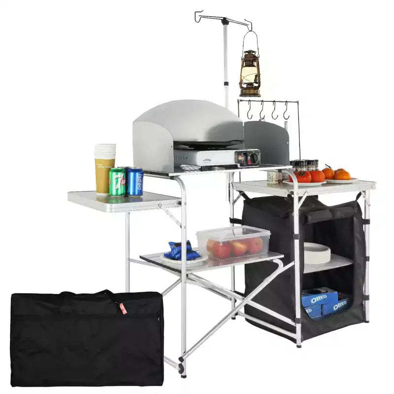 VEVOR Camping Kitchen Table, Folding Outdoor Cooking Table with Storage Carrying Bag, Aluminum Cook Station 1 Cupboard & Detachable Windscreen