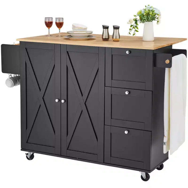VEVOR Kitchen Island Cart, 56 Wood Top Mobile Carts with Storage Cabinet, Rolling Table with Drop Leaf, Spice Rack, Towel Bar, Adjustable Shelf