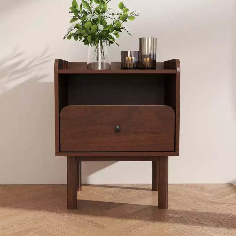 Roundhill Furniture Wyller Dual-tier Storage Nightstand, Side Table, Natural Walnut Finish