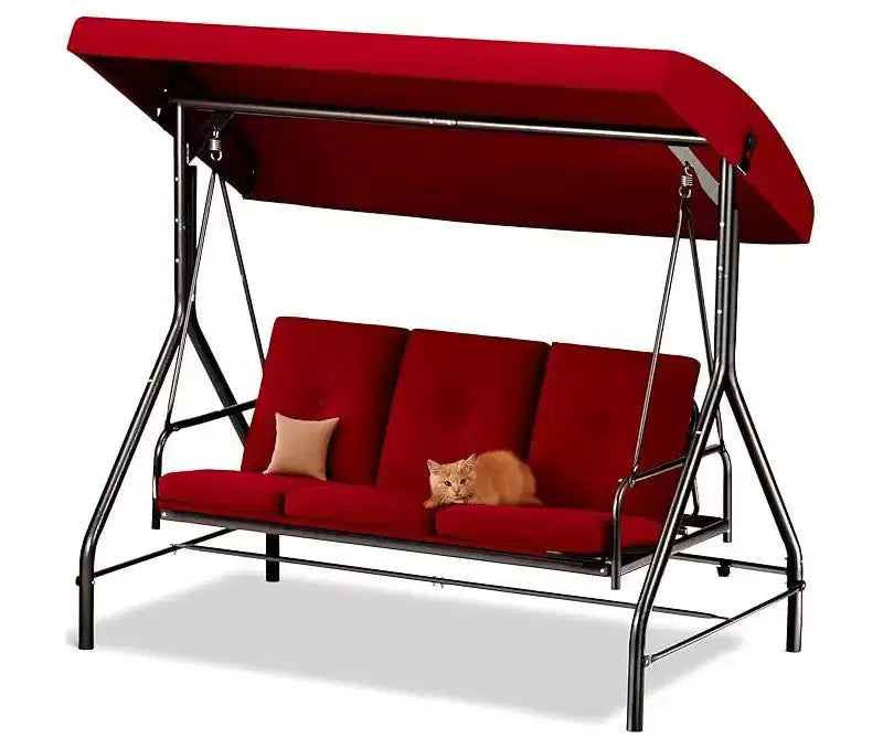 3-Seat Outdoor Porch Swing with Canopy  Convertible Glider Bed with Thick Cushions & Pillows for Adults  Backyard, Garden, Patio  Burgundy Maple99