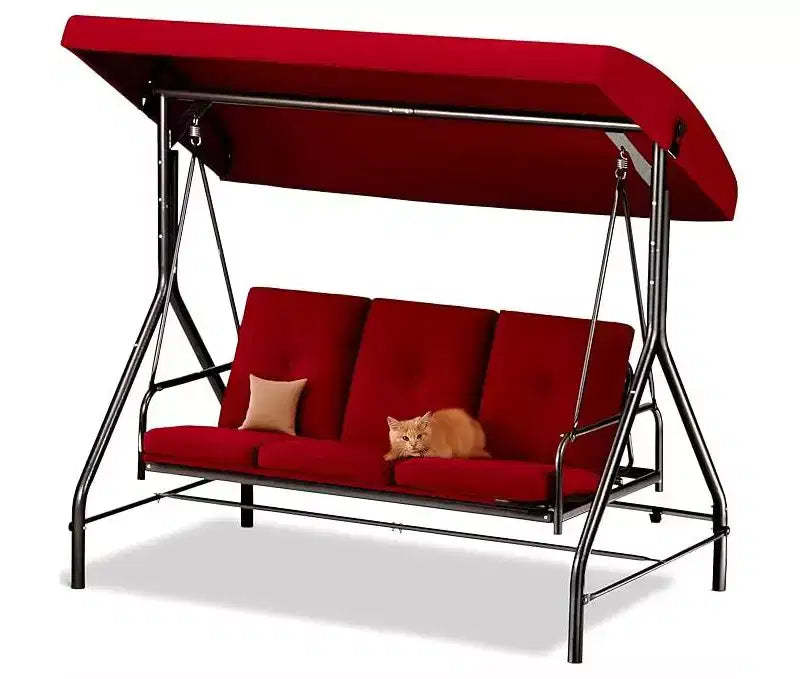 3-Seat Outdoor Porch Swing with Canopy  Convertible Glider Bed with Thick Cushions & Pillows for Adults  Backyard, Garden, Patio  Burgundy Maple99
