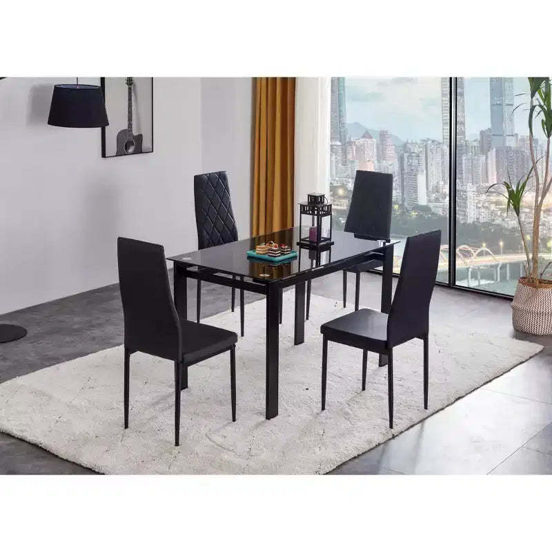 5/7 PCS Dining Table Set Dining Set with PU Chairs & Tempered Glass Dining Table, Black-ModernLuxe