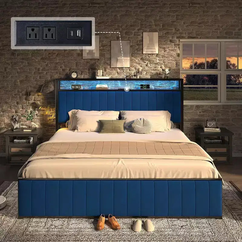 AMERLIFE LED Bed Frame with Foldable Ottoman, Charging Station, Velvet Upholstered Headboard