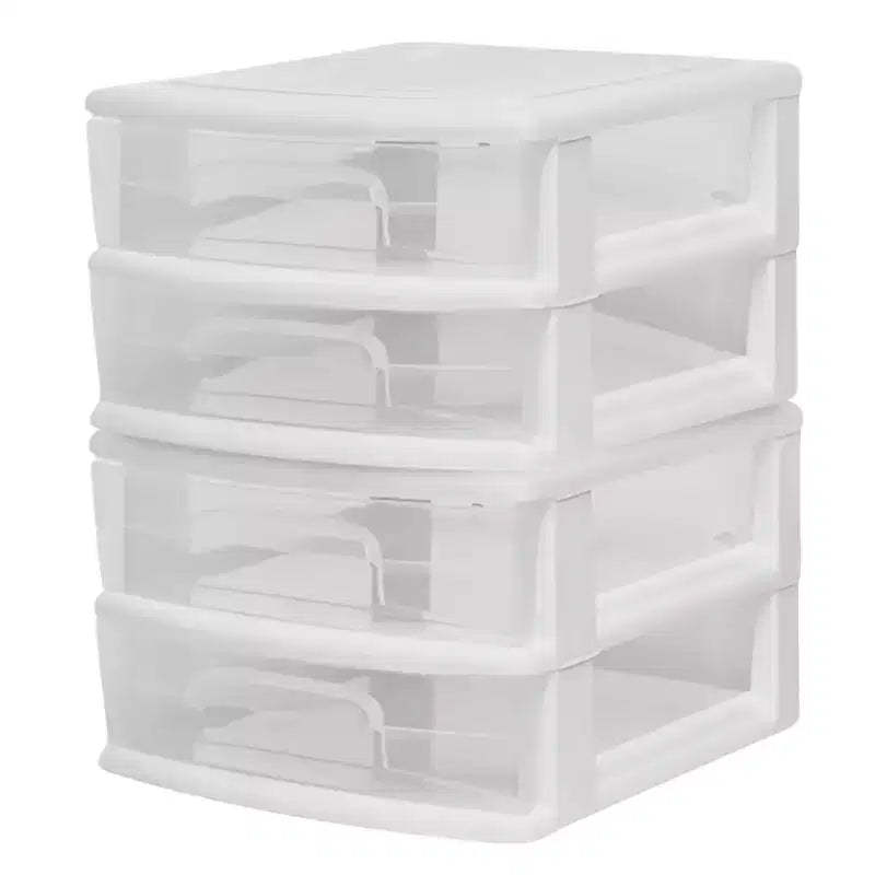 Homz 2 Pack Storage Cart, Medium 2 Drawer Plastic Container for Home and Office Organization, White Frame with Clear Drawers