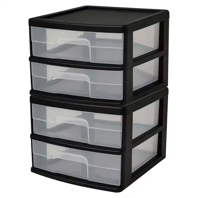 Homz 2 Pack Storage Cart, Medium 2 Drawer Plastic Container for Home and Office Organization, Black Frame with Clear Drawers
