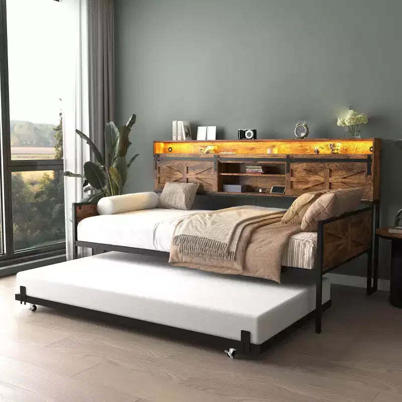 Twin Size Daybed with Trundle, Day Bed Frame with Storage Headboard, Heavy Duty Sofa Platform Bed, Space Saving Day Bed for Living Room Bedroom