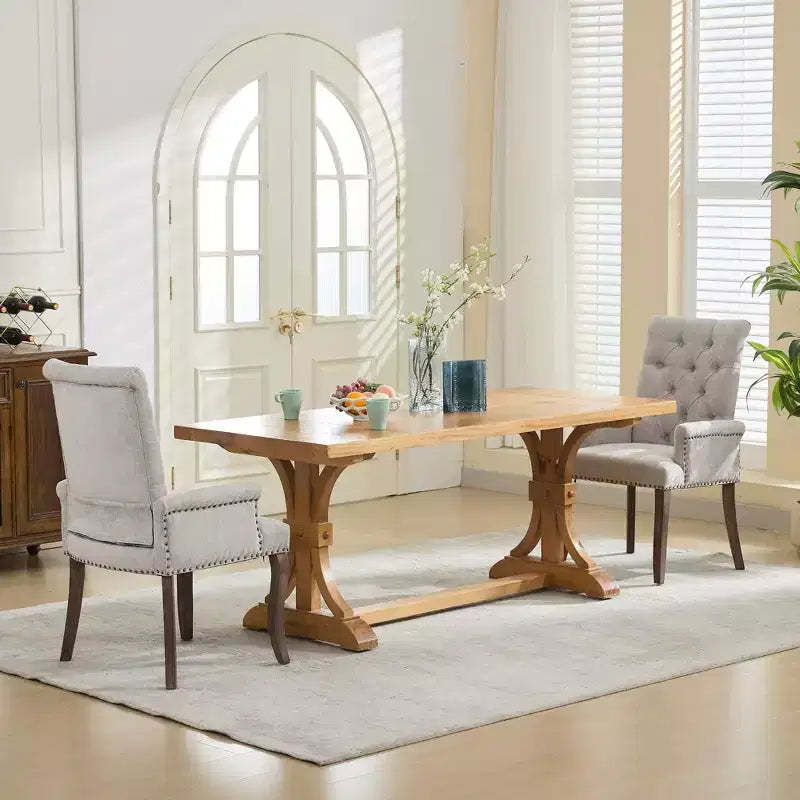 MAYEERTY Upholstered Chenille Dining Chair - Curved Solid Wood Legs, Tufted Design, Armrests, Beige, Single Pack