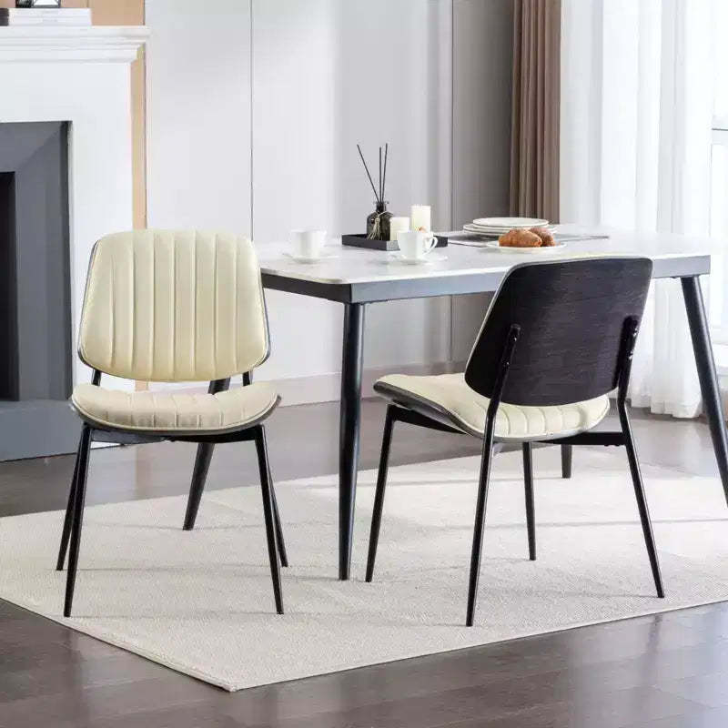 MAYEERTY Mid-Century Modern Dining Chairs - Faux Leather, Walnut Bentwood Back, Metal Legs, Adjustable Foot, Beige PU, Set of 2