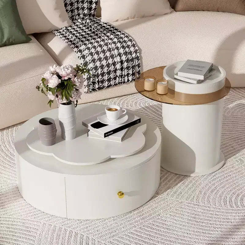 360 Rotatable Coffee Table Round Nesting Coffee Table with Flower Top & 2 Drawers, Accent Table Cocktail Table End Table Side Table-ModernLuxe